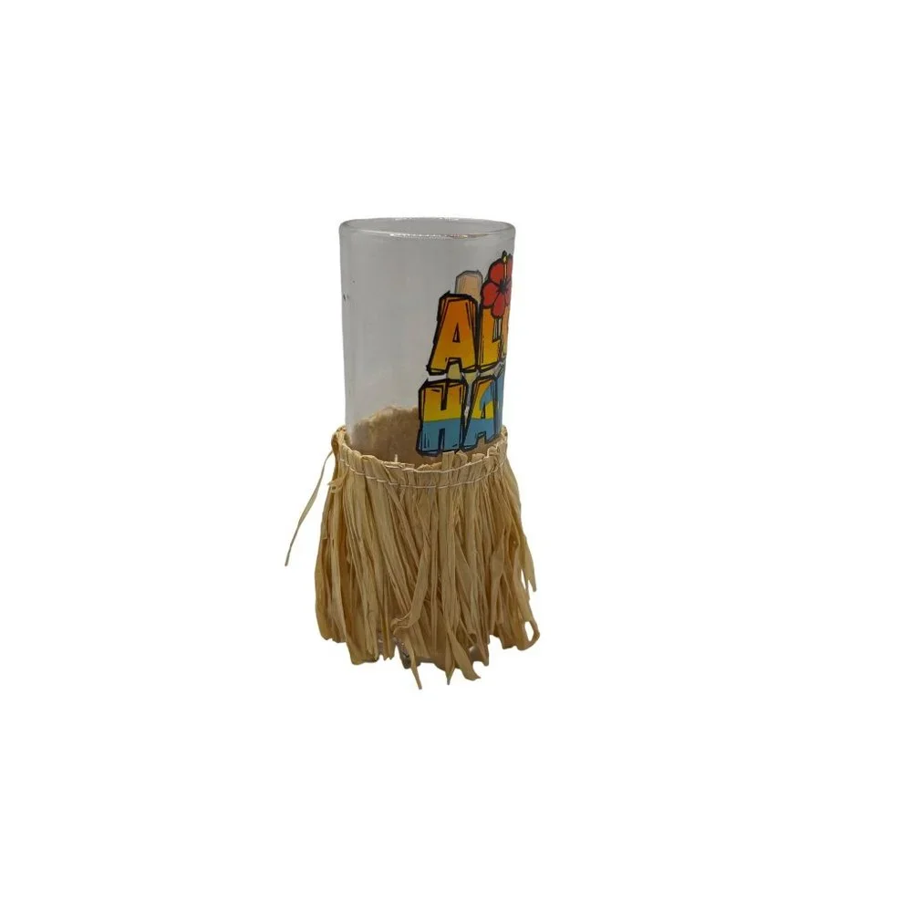 Hawaiian Souvenir Shot Glass Aloha With Grass Hula Skirt 2 ounce